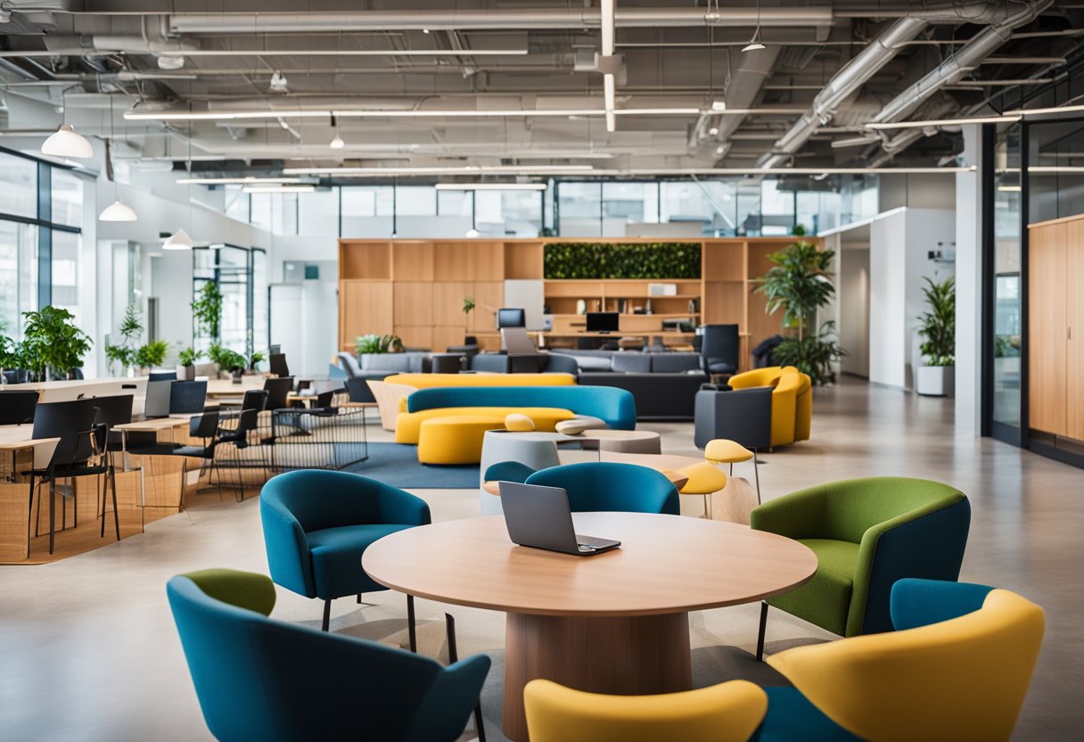 The Facebook office interior features modern furniture, vibrant colors, and open workspaces with natural light. A central lounge area encourages collaboration and relaxation
