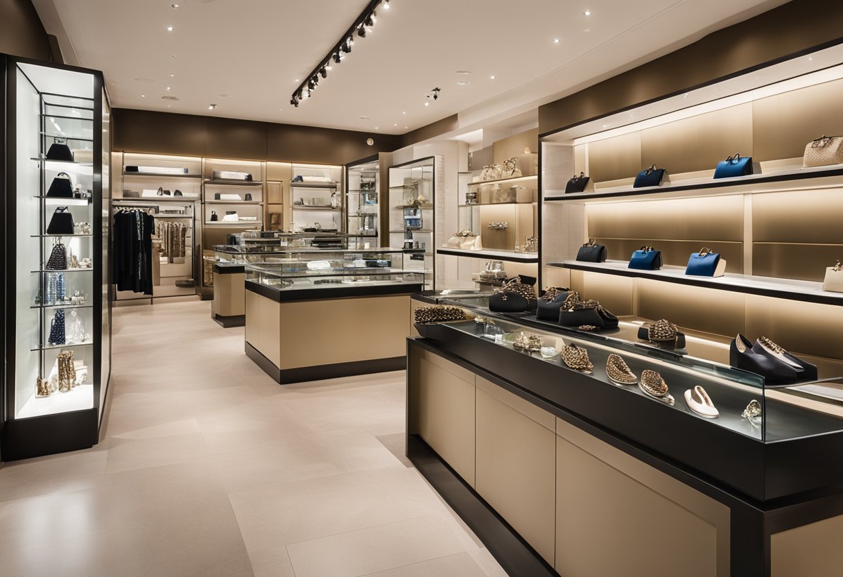 The accessories store interior features modern shelving, bright lighting, and a variety of displays showcasing jewelry, handbags, and other fashion accessories