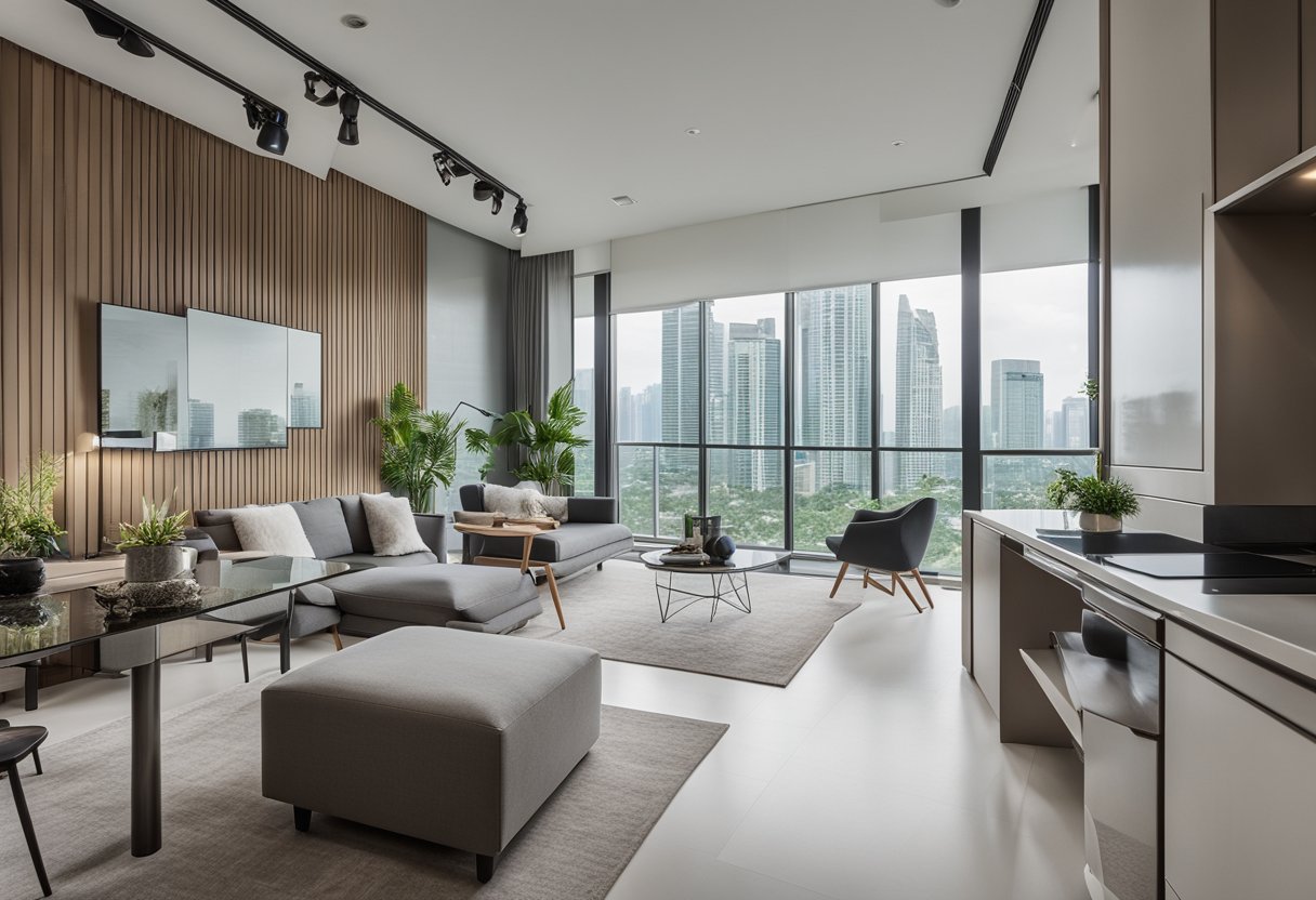 A modern 2 bedroom condo in Singapore with minimalist decor, neutral color palette, and sleek furniture. Floor-to-ceiling windows provide ample natural light, and there are touches of greenery throughout the space