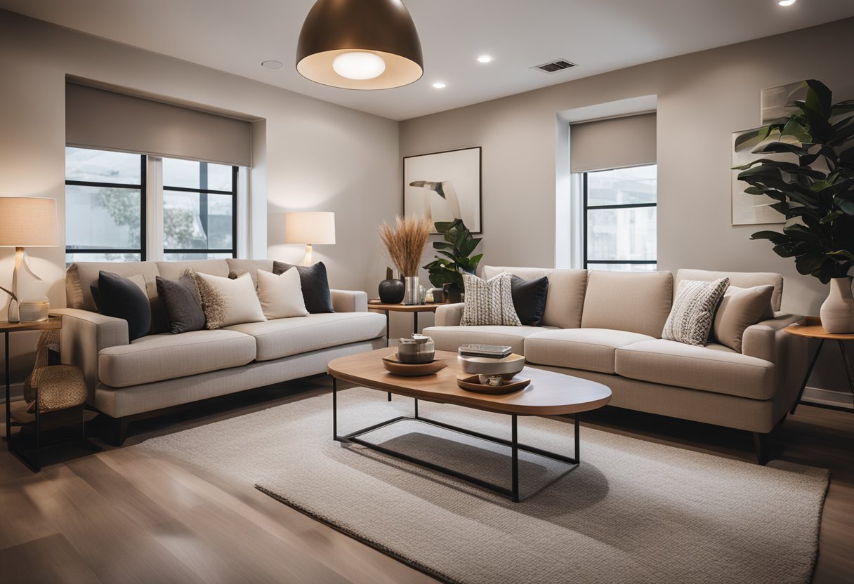 A modern living room with sleek furniture, neutral color palette, and strategic lighting to create a cozy and inviting atmosphere