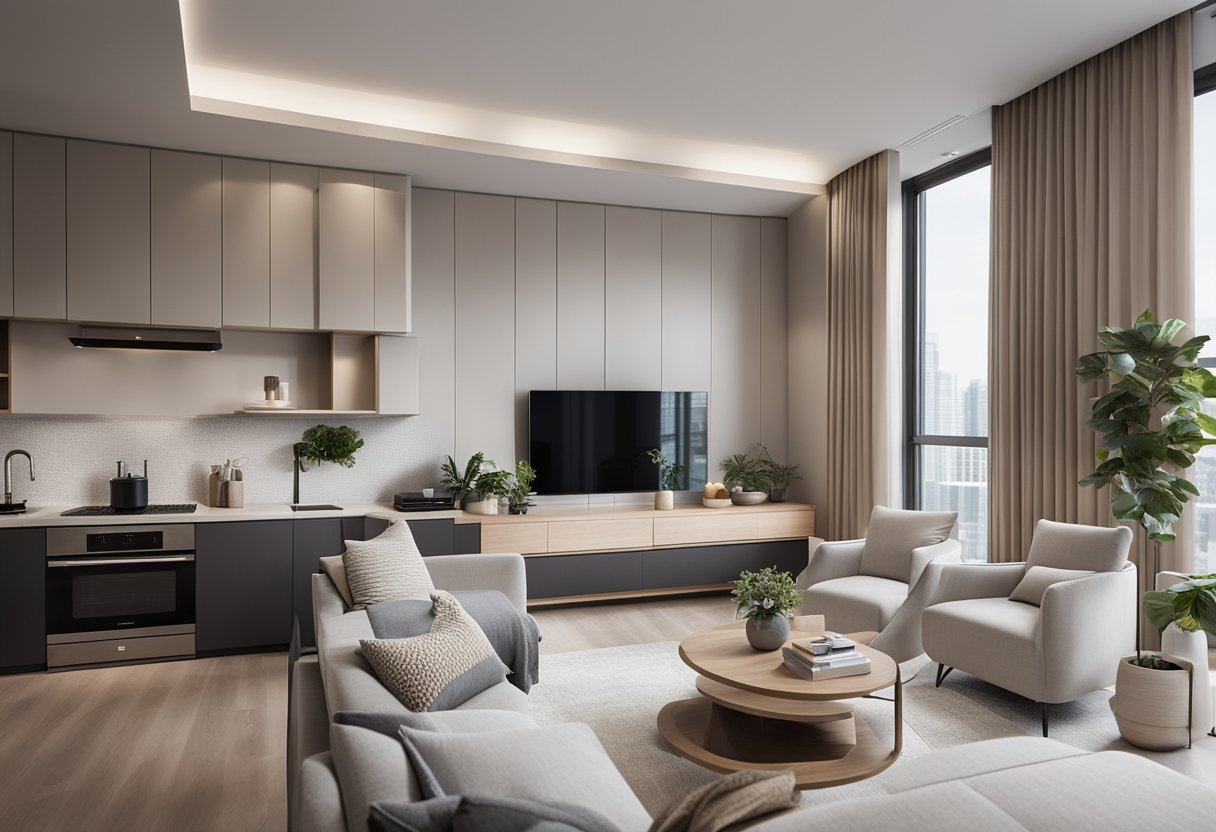 The 2 bedroom condo features clever storage solutions, multifunctional furniture, and a neutral color palette to create a spacious and airy atmosphere