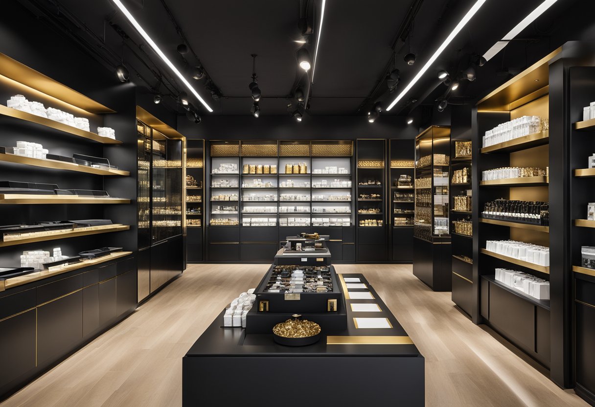 The store interior features sleek display shelves, modern lighting, and a color scheme of black, white, and gold. The layout is open and inviting, with a central checkout counter and plenty of space for browsing