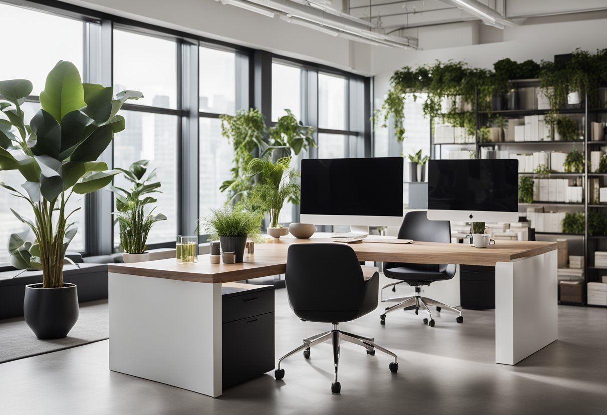 A modern office with sleek furniture, plants, and natural light. Clean lines and neutral colors create a minimalist and professional atmosphere