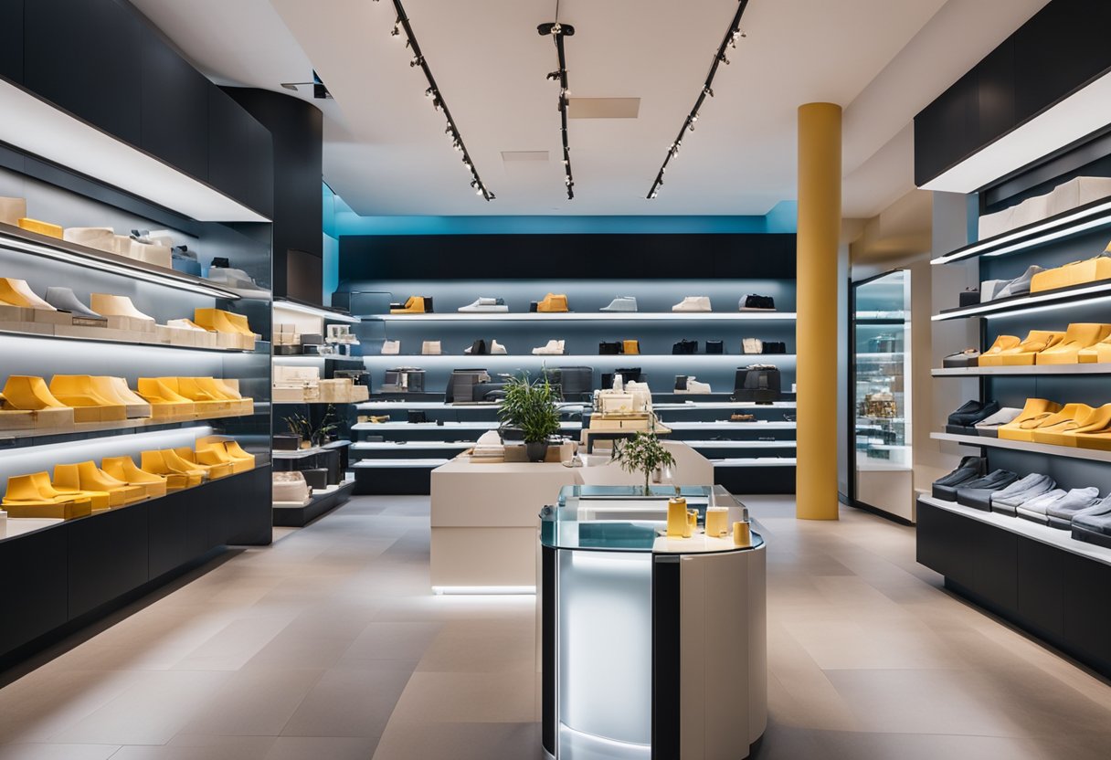 The accessories store interior features modern displays, bright lighting, and sleek shelving. The layout is open and inviting, with a minimalist aesthetic and pops of color