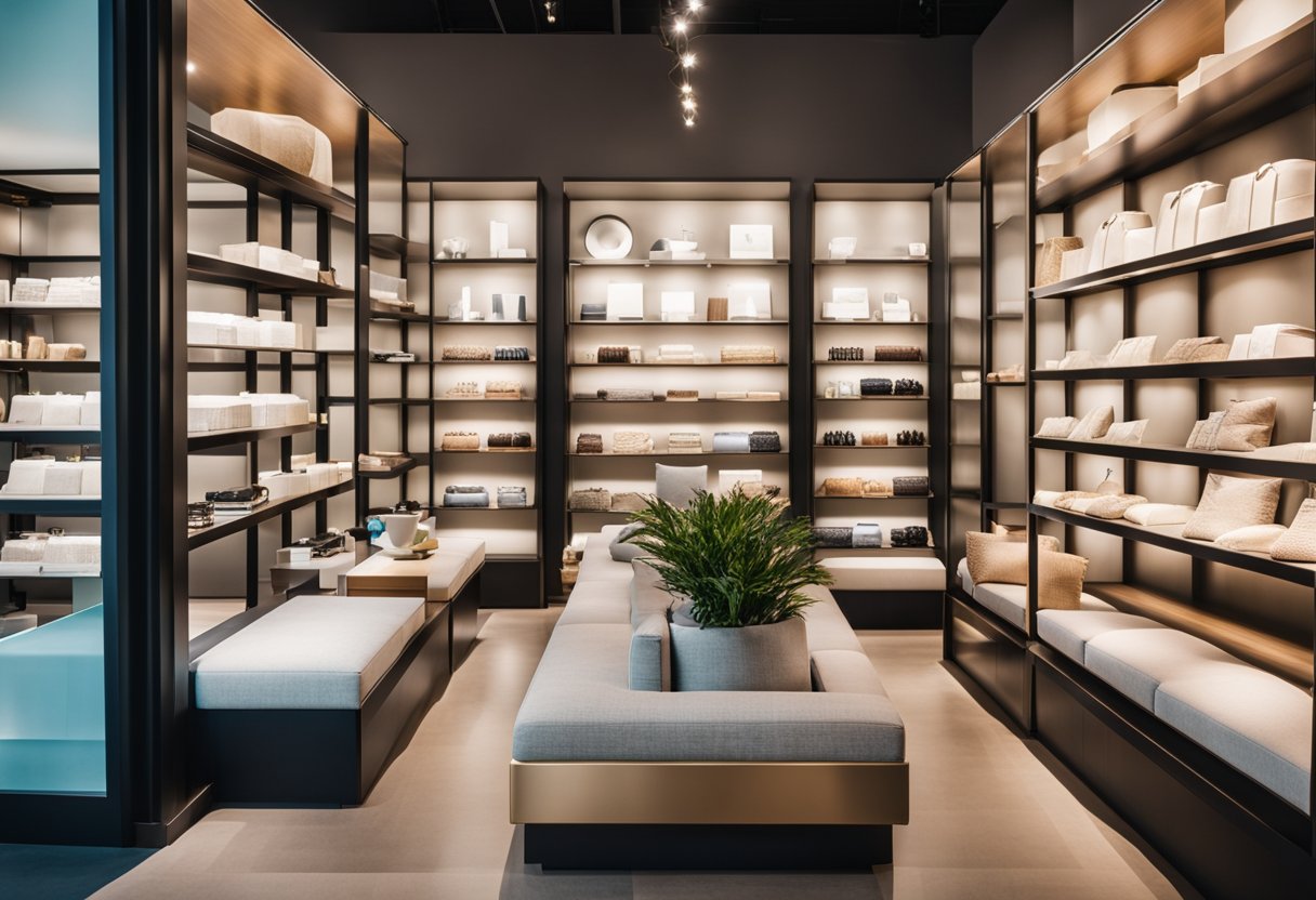 The accessories store interior features organized shelves, vibrant displays, and a cozy seating area. The decor is modern and inviting, with ample lighting and a clean, minimalist aesthetic