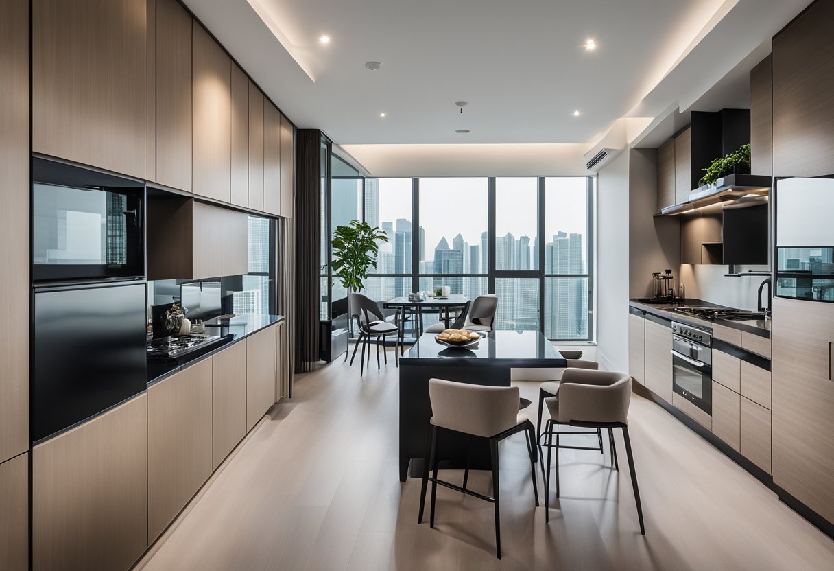 The modern 2-bedroom condo in Singapore features sleek furniture, neutral tones, and smart storage solutions, creating a perfect blend of style and functionality