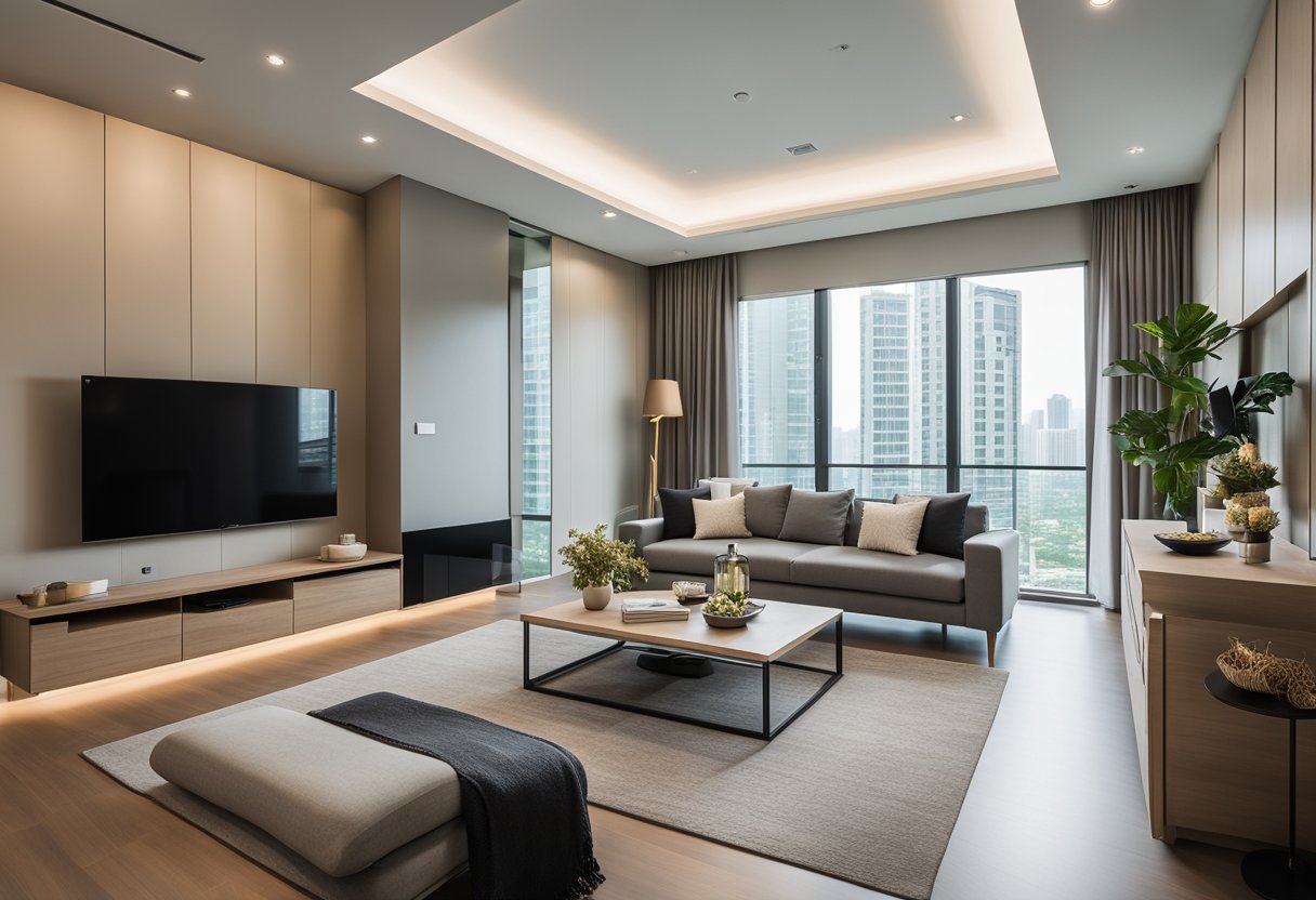 A modern 2-bedroom condo interior in Singapore, with sleek furniture, neutral color palette, and ample natural light