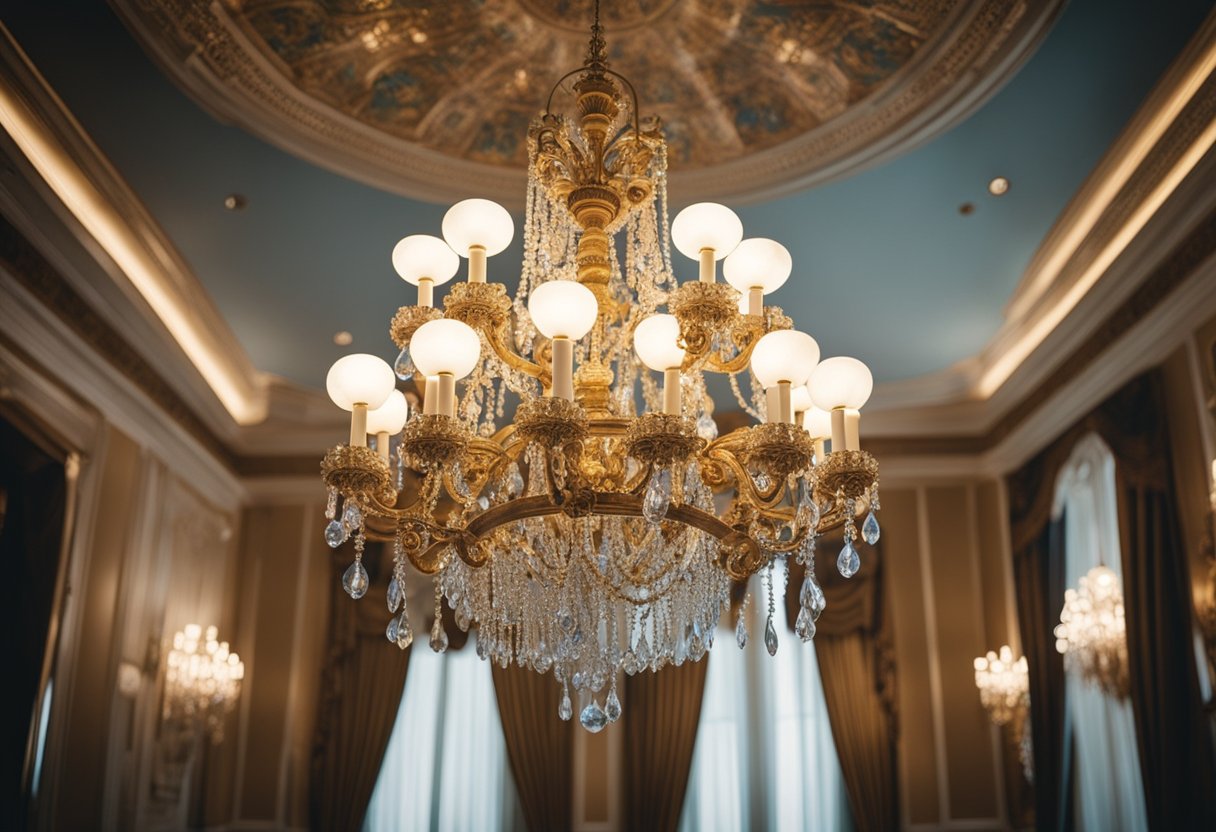 A grand chandelier illuminates a room with ornate furniture, intricate patterns, and luxurious fabrics, creating a sense of opulence and sophistication