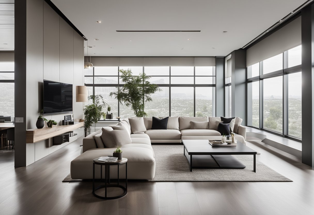A spacious, modern interior with clean lines, neutral colors, and natural light streaming in through large windows. The space is furnished with sleek, minimalist furniture and adorned with contemporary art pieces