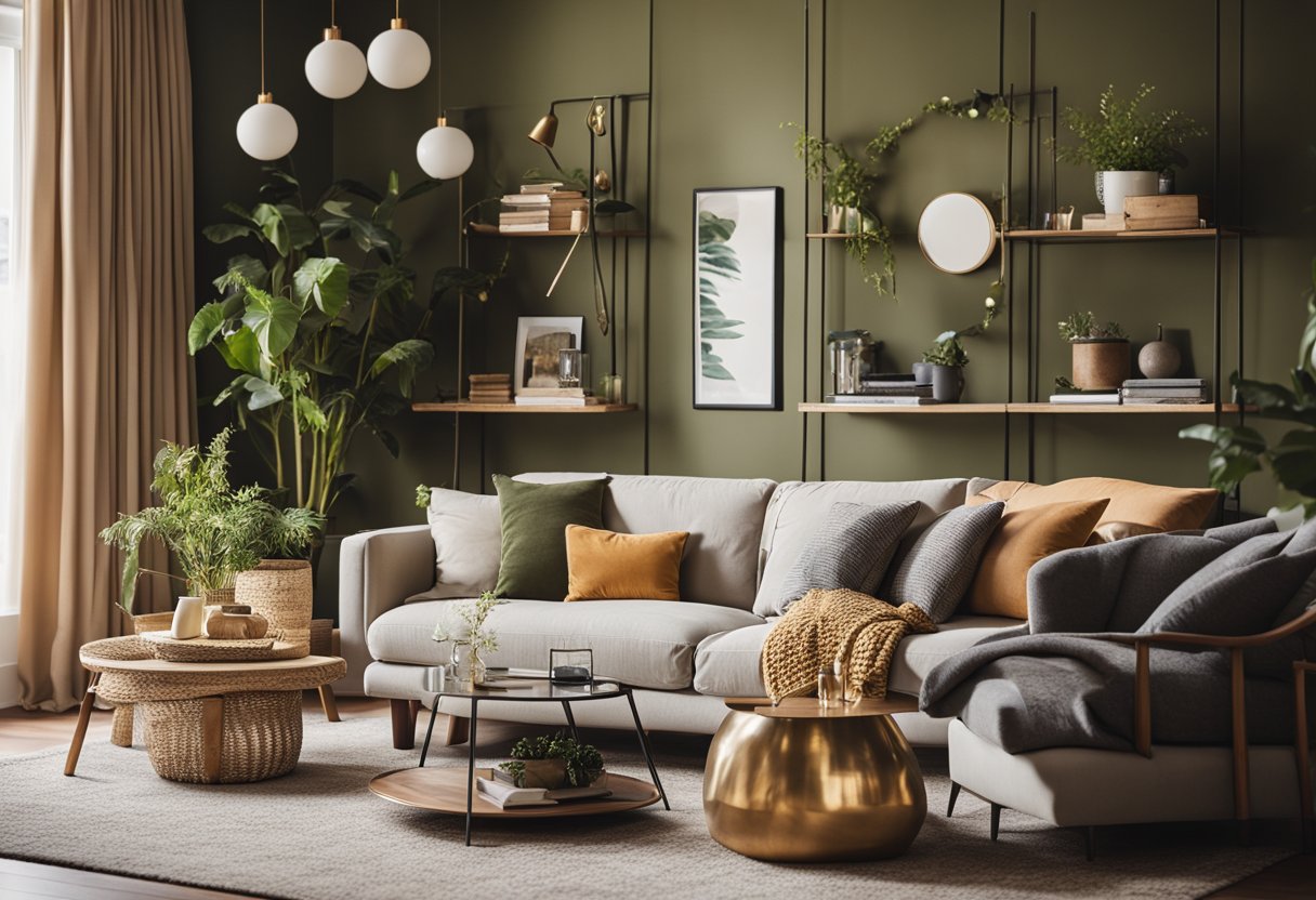 A cozy living room with affordable furniture, bright colors, and natural light. A mix of modern and vintage decor creates a stylish, budget-friendly space