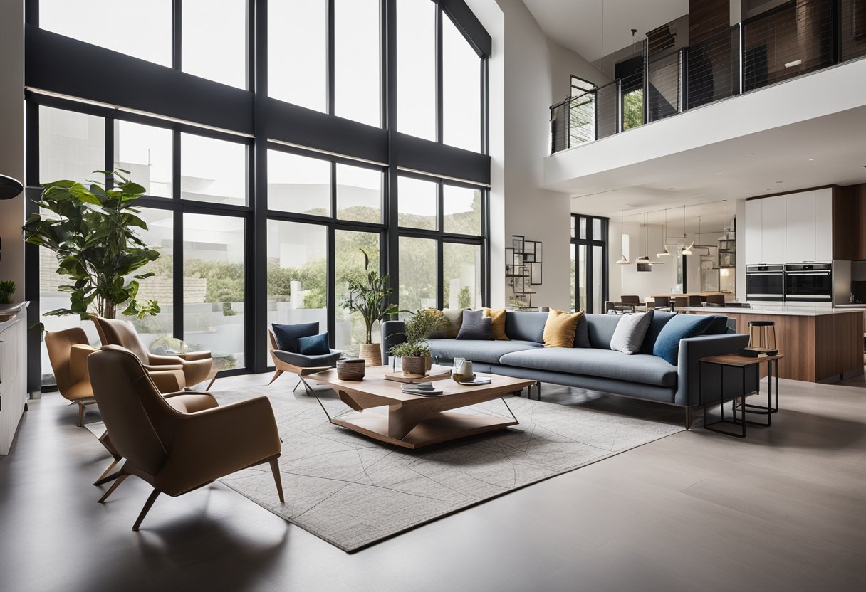 A modern, open-concept living space with sleek furniture, geometric patterns, and integrated technology. High ceilings and large windows flood the room with natural light