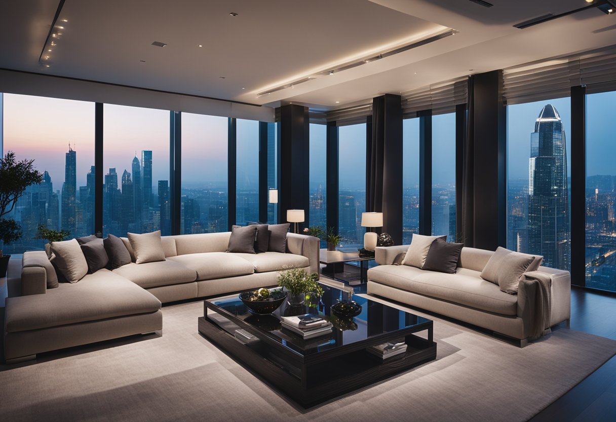 A modern, luxurious living room with sleek furniture, elegant lighting, and a stunning view of the city skyline through floor-to-ceiling windows