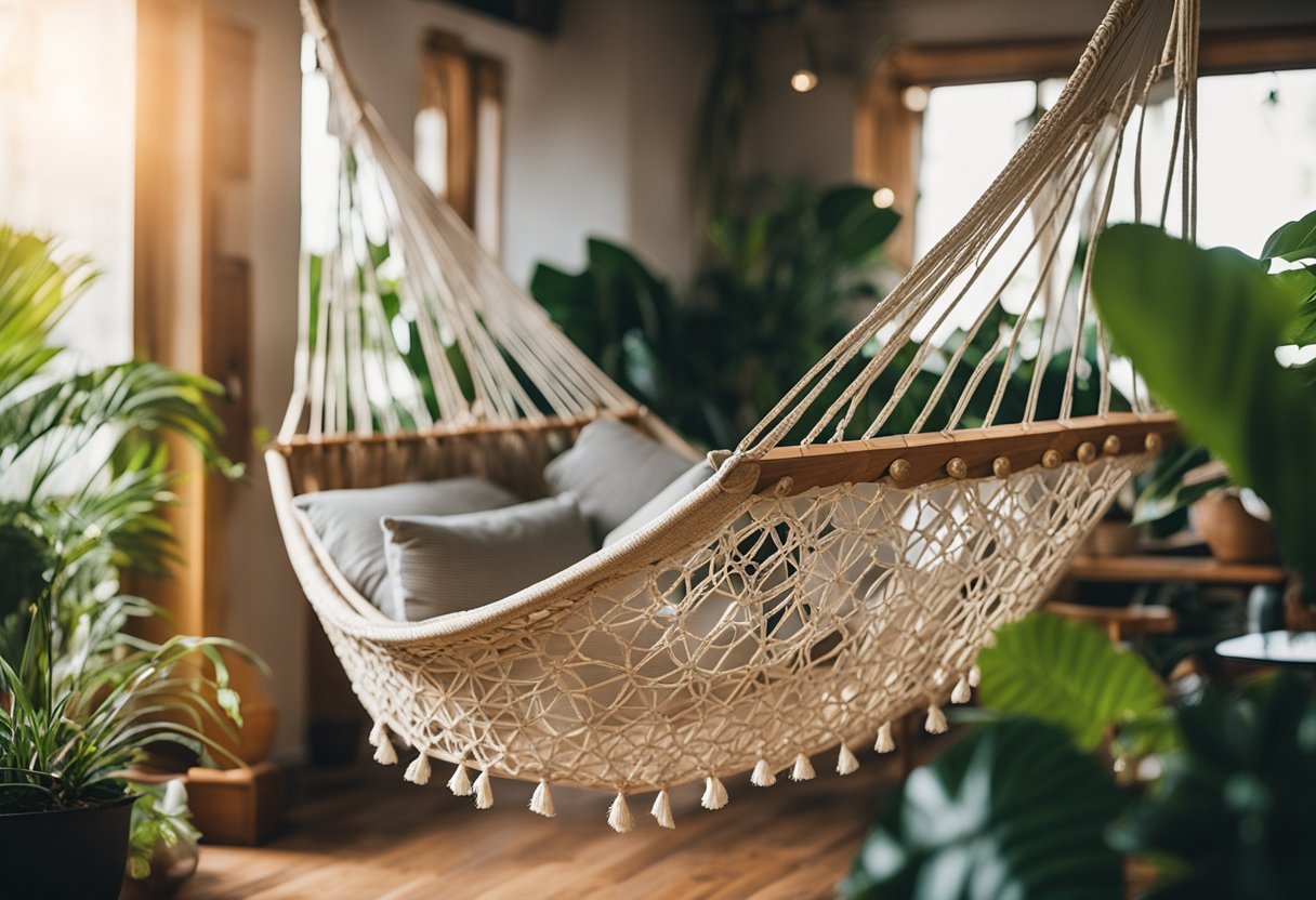 A cozy living room with vibrant colors, wooden furniture, and tropical plants. A hammock hangs in the corner, and woven textiles decorate the space