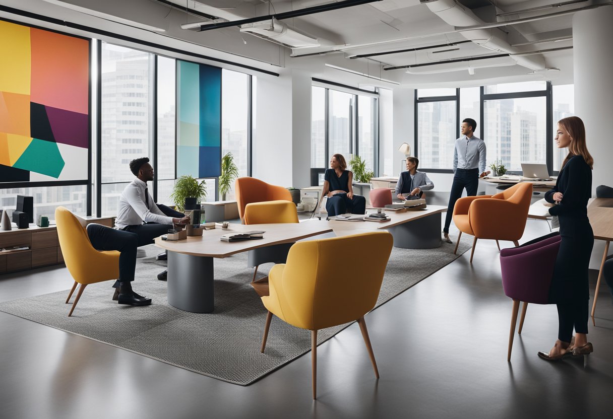 A modern office with sleek furniture, large windows, and a wall covered in colorful, abstract artwork. Multiple people are seen discussing and working in the space