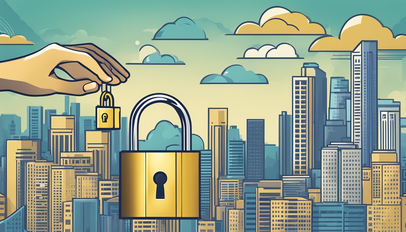A hand reaches out to unlock a golden padlock, symbolizing the potential of personal loans in Singapore. The background shows a modern cityscape with financial institutions