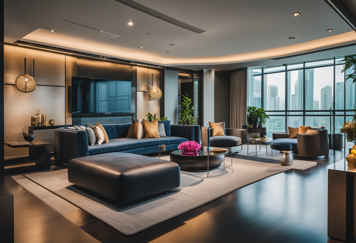 A modern, sleek interior with clean lines, pops of vibrant color, and a mix of traditional and contemporary elements. A fusion of East and West, showcasing the rich cultural heritage of Singapore