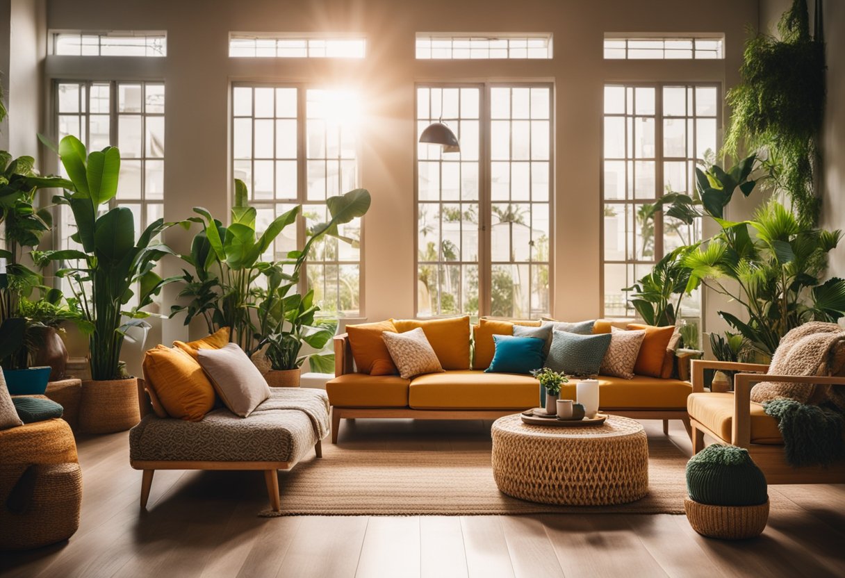 A vibrant living room with colorful, handcrafted furniture, lush indoor plants, and natural materials like wood and jute, all bathed in warm sunlight filtering through large windows