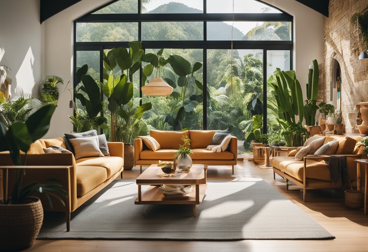 A spacious living room with vibrant colors, natural materials, and tropical plants. Bright sunlight filters through large windows, casting a warm glow on the cozy furniture and eclectic decor