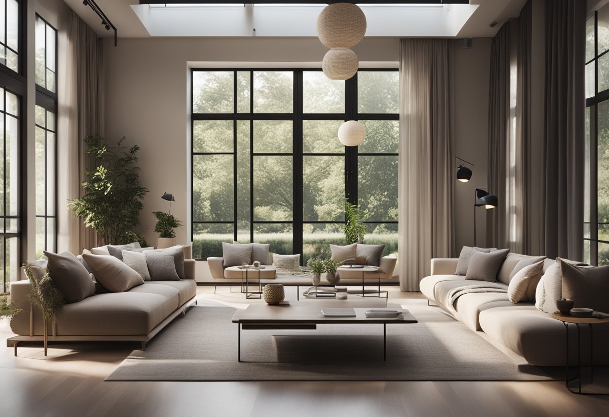 A cozy living room with modern furniture, soft lighting, and a large window overlooking a garden. The room is decorated with neutral colors and sleek, minimalist accents
