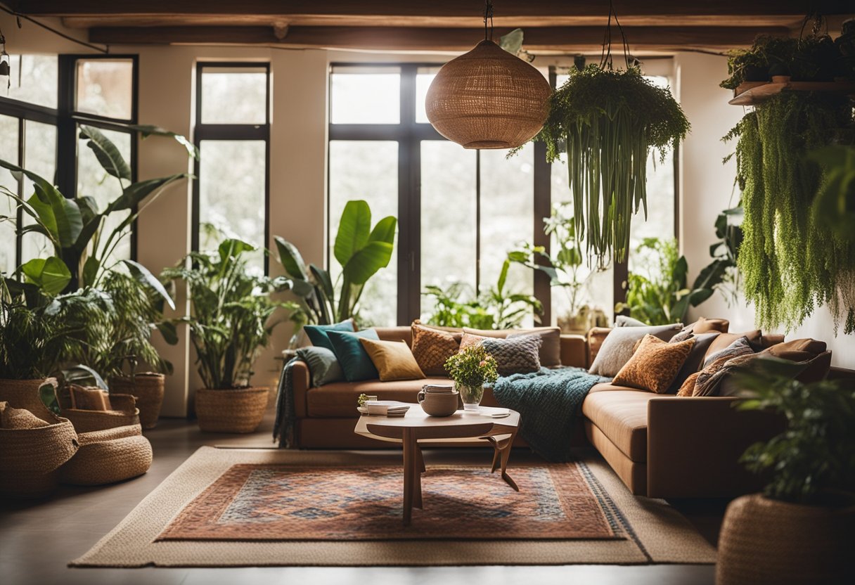 A cozy living room with earthy tones, wooden furniture, and vibrant Brazilian textiles. Plants hang from the ceiling, and natural light floods the space
