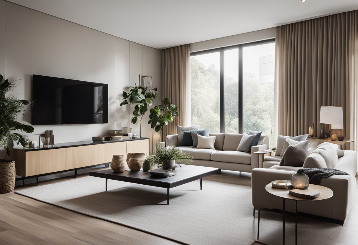 A modern living room with a minimalist design, featuring clean lines, neutral colors, and natural light streaming in through large windows