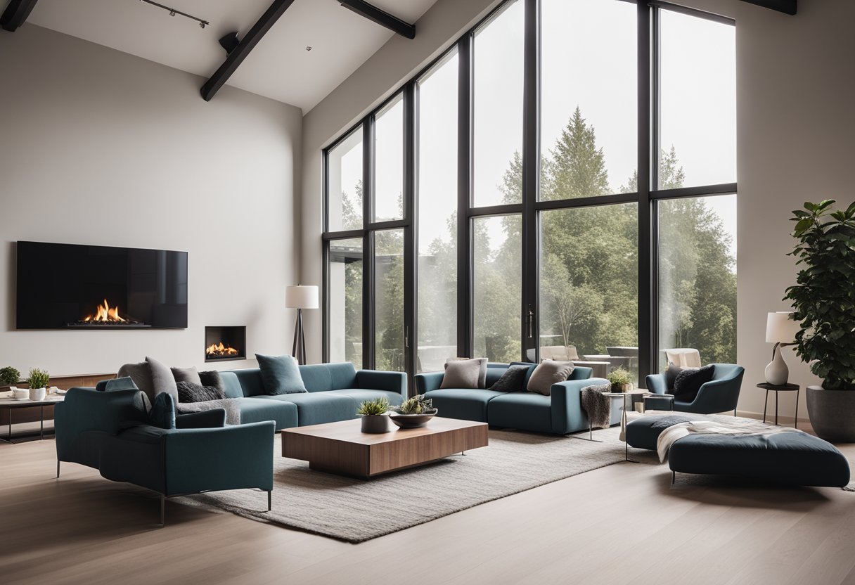 A spacious, modern living room with high ceilings, large windows, and sleek furniture. A cozy fireplace and a minimalist color palette create a serene and inviting atmosphere