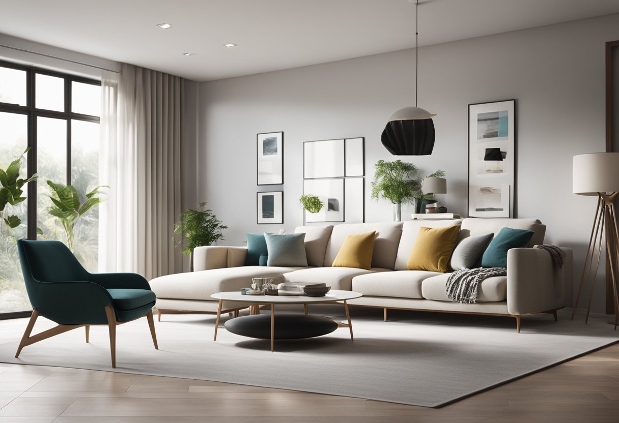 A bright, modern living room with a sleek, minimalist design. The room is filled with natural light, showcasing the user-friendly Making the Right Choice home interior design software on a sleek laptop on the coffee table