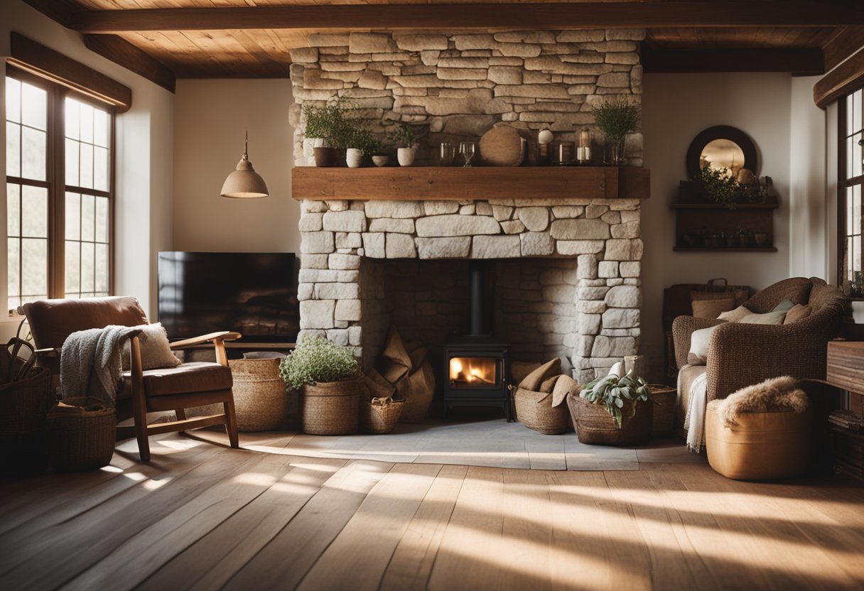 A cozy farmhouse interior with rustic wooden furniture, a stone fireplace, and soft, earthy tones. Sunlight streams in through the windows, casting warm shadows on the worn hardwood floors