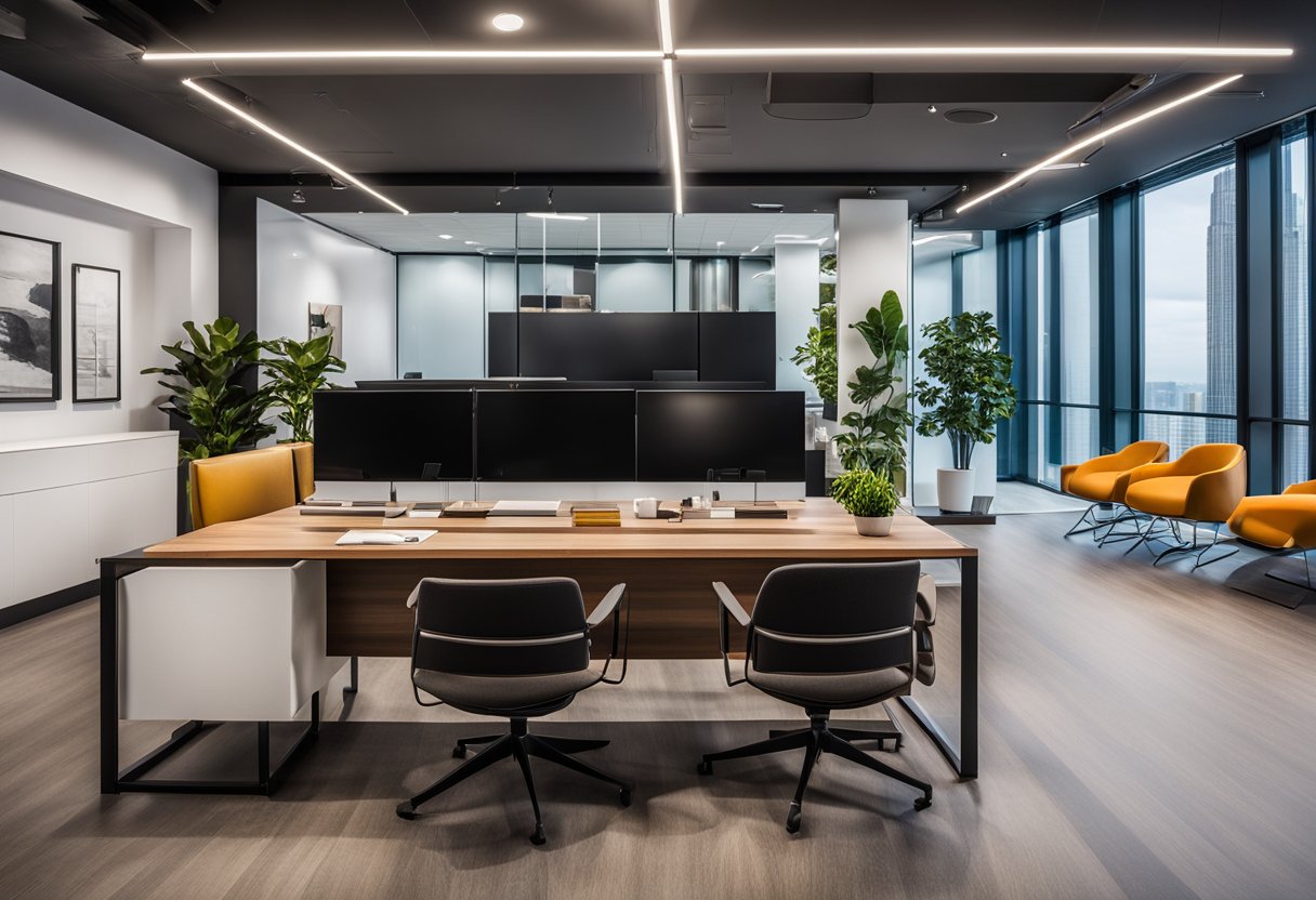 A modern office space with sleek furniture and vibrant color accents, showcasing the innovative and professional design of TBG Interior Design