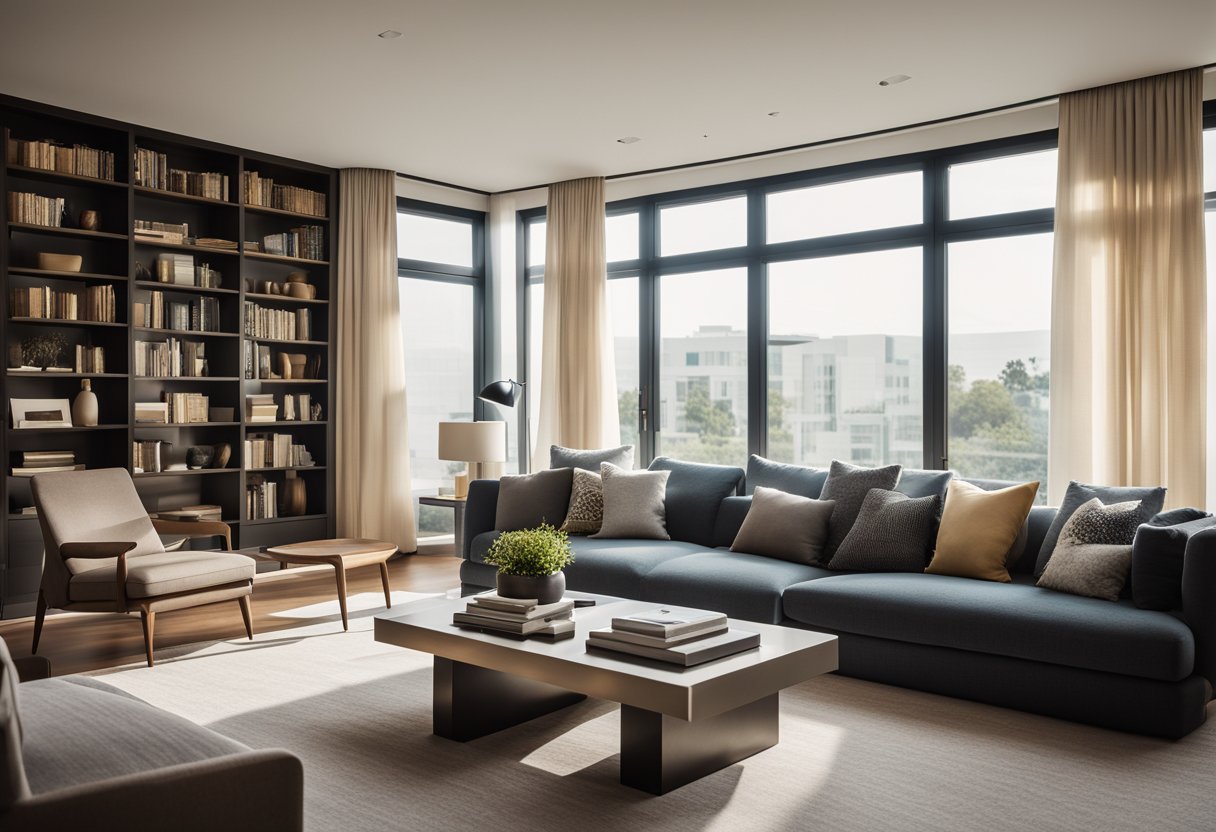 A modern living room with a sleek sofa, abstract art on the wall, and a large window with sheer curtains. A coffee table with a stack of design books sits in the center, and soft lighting creates a cozy ambiance