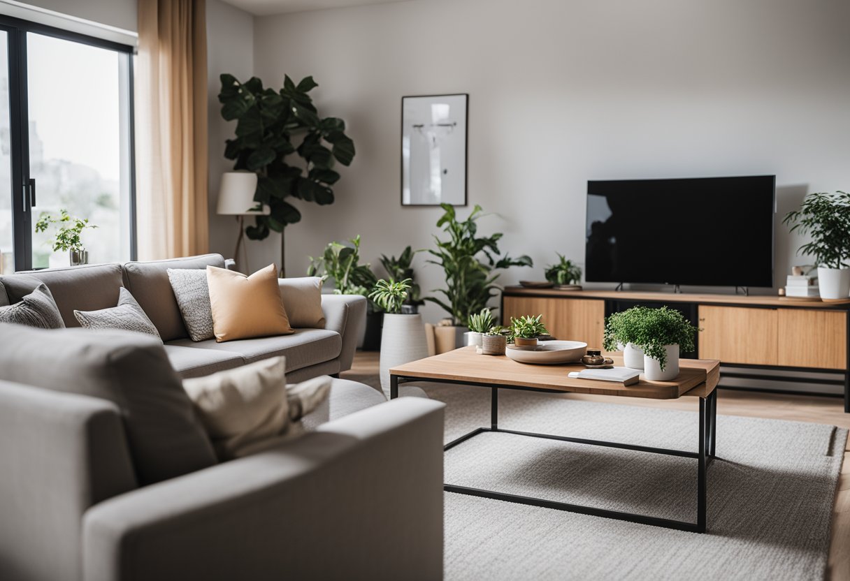 A cozy living room with a computer screen displaying a home interior design software's frequently asked questions. A comfortable sofa, a stylish coffee table, and a potted plant complete the scene