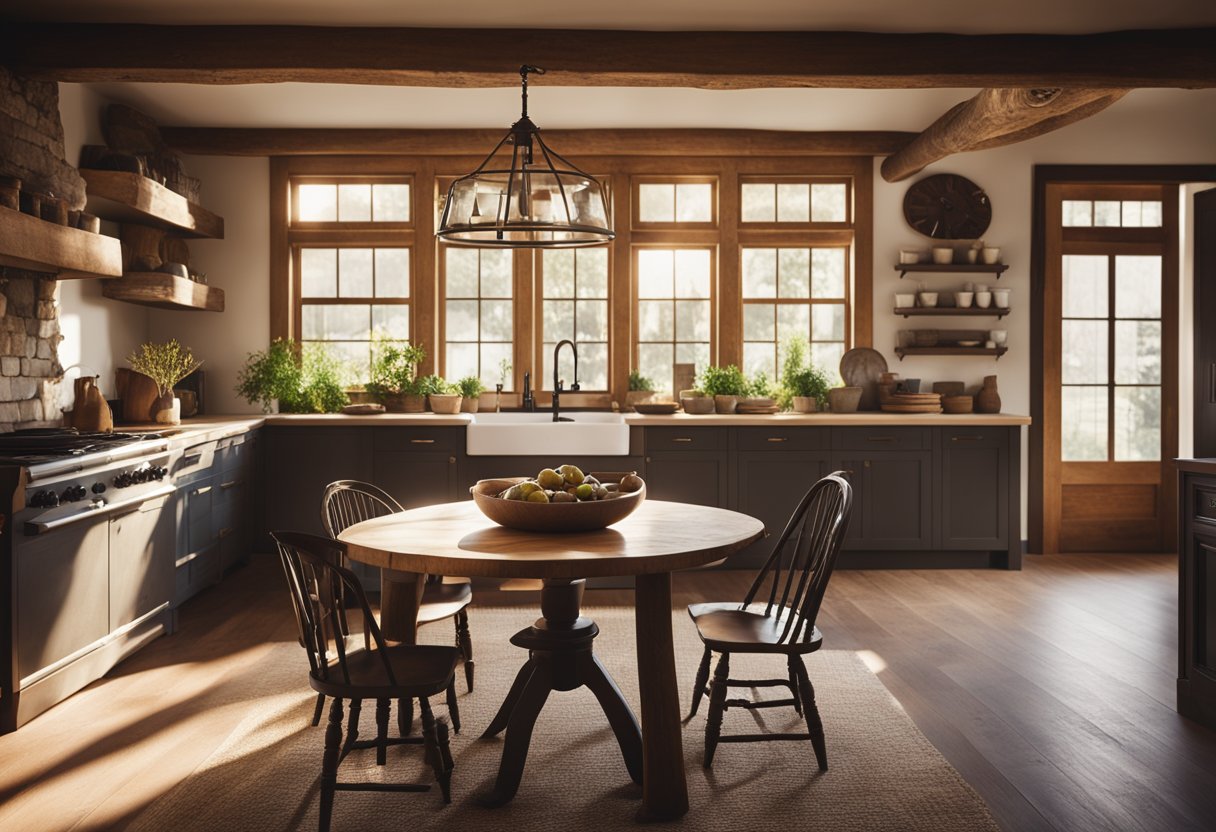 A cozy farmhouse kitchen with a rustic wooden table, vintage chairs, and a large stone fireplace as the focal point. Sunlight streams in through the windows, casting a warm glow on the space