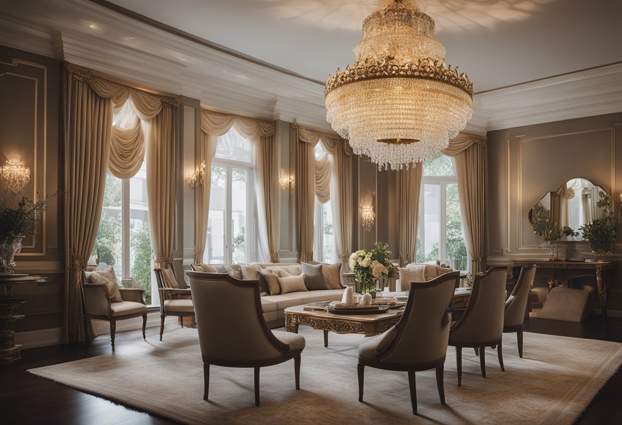 The elegant interior features a grand chandelier, ornate furniture, and intricate molding details. Rich fabrics and a neutral color palette exude sophistication