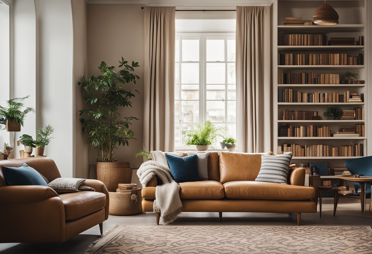 A cozy living room with a plush sofa, warm lighting, and a bookshelf filled with books and decorative items. A large window lets in natural light, and a patterned rug ties the room together