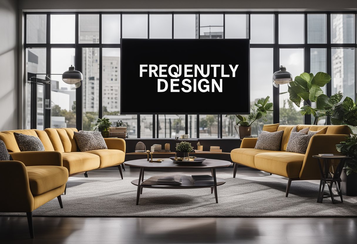 A modern, stylish interior with a cozy seating area, sleek furniture, and vibrant accents. A large screen displays the words "Frequently Asked Questions interior design film."