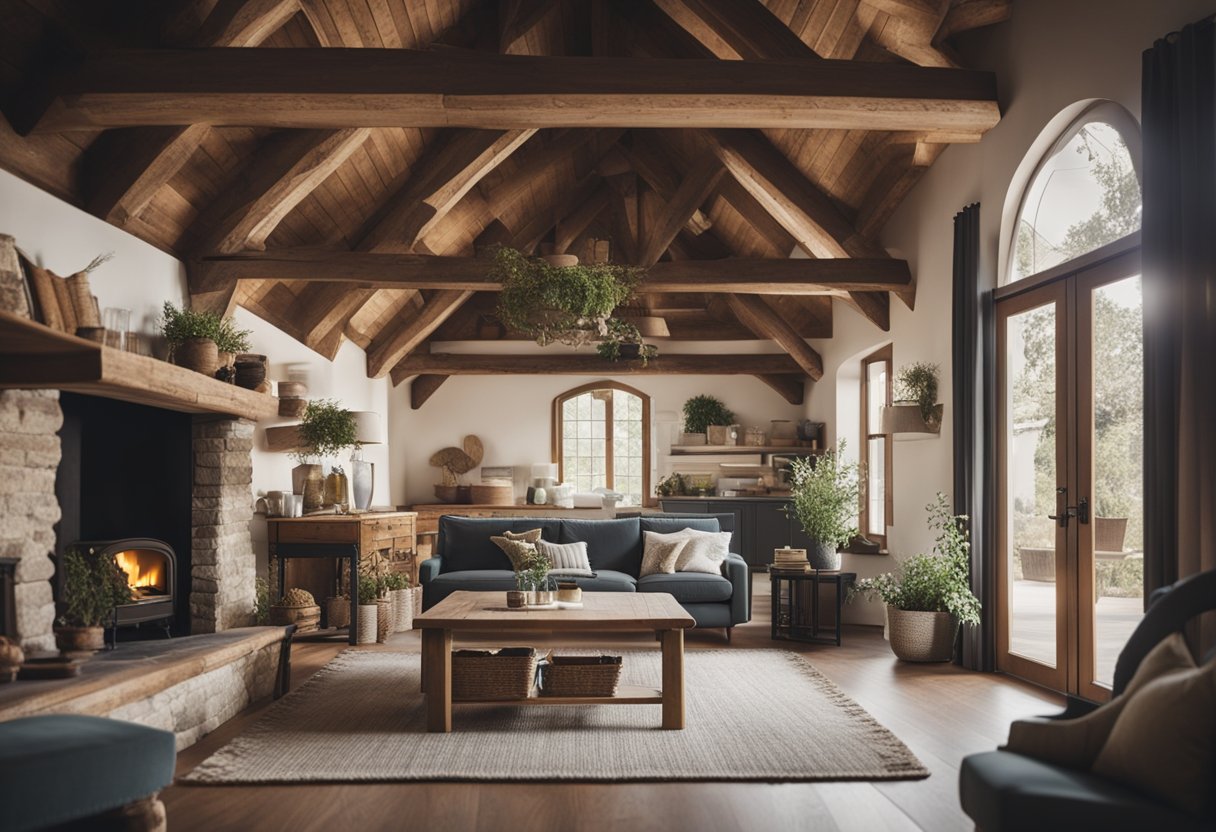 Rustic farmhouse interior with exposed wooden beams, vintage furniture, and cozy fireplace