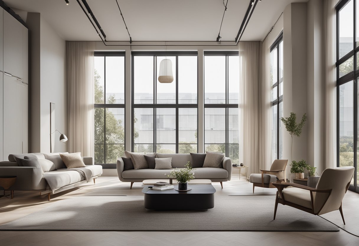 A spacious room with clean lines, minimalistic furniture, and soft, neutral colors. Large windows let in natural light, highlighting the elegant simplicity of the space