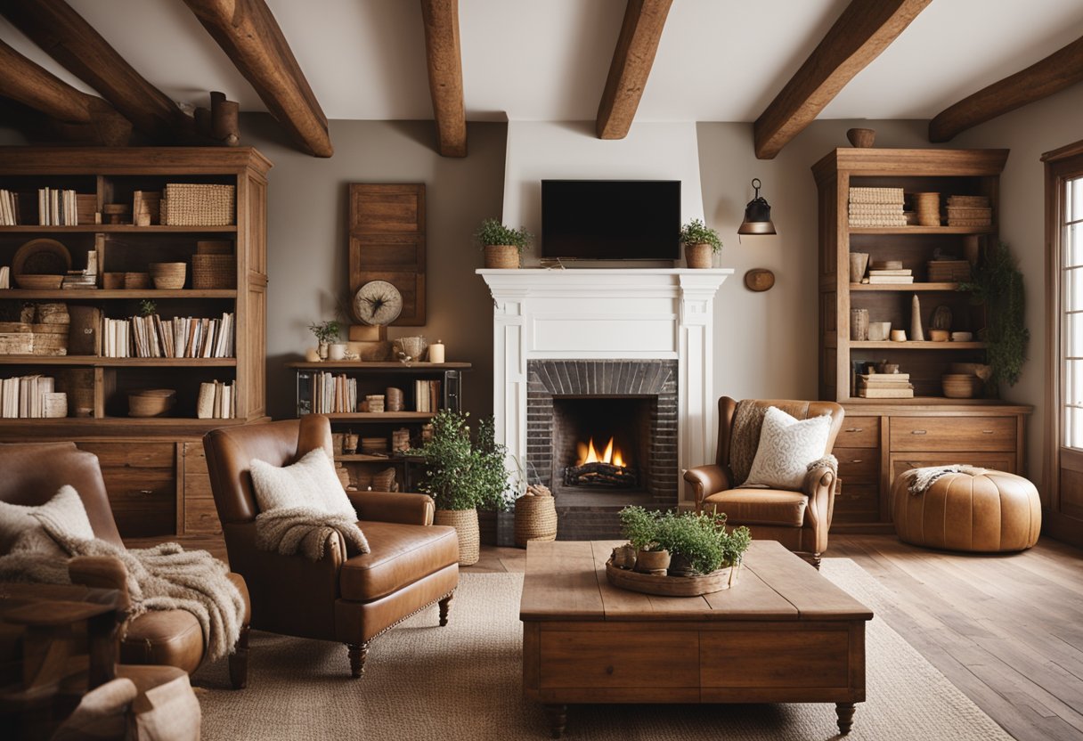 A cozy farmhouse interior with rustic wooden furniture, vintage decor, and warm earthy tones. A large fireplace serves as the focal point, with a comfortable seating area and shelves filled with books and trinkets