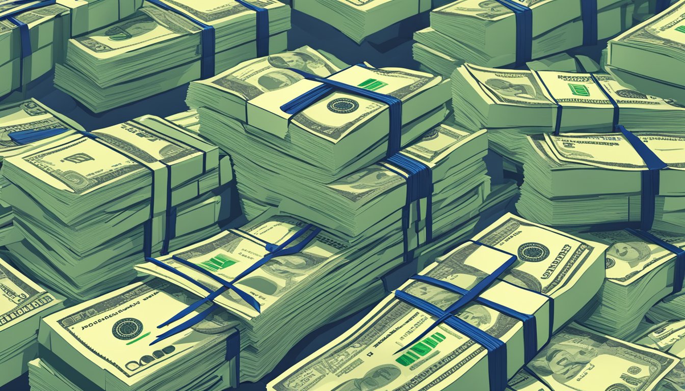 A stack of cash sits next to a signed contract for a personal loan. The cash is surrounded by dollar signs, while the contract is marked with the terms and conditions