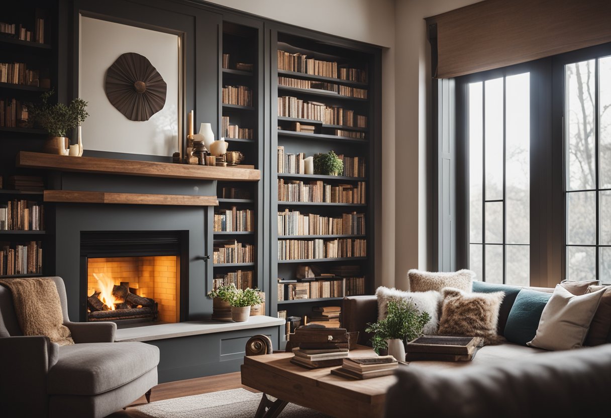 A cozy living room with a large, plush sofa, soft throw blankets, and a warm fireplace. A bookshelf filled with books and decorative items. Bright natural light streaming in through large windows