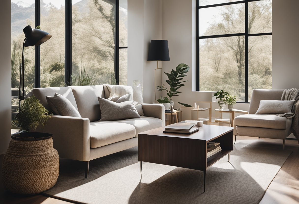 A modern, minimalist living room with clean lines, neutral colors, and natural light streaming in through large windows. A cozy reading nook with a comfortable armchair and a sleek, contemporary coffee table