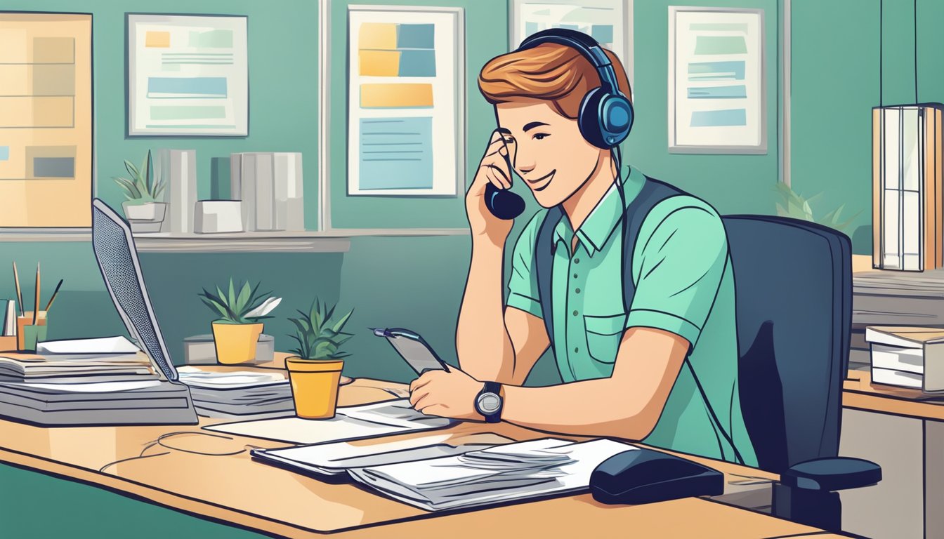 A customer service representative answers a phone call, while a feedback form sits on the desk