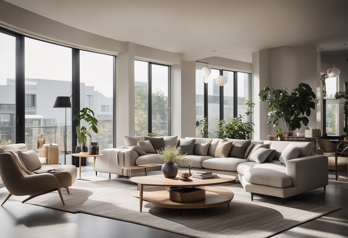 A modern, minimalist living room with sleek furniture, neutral colors, and natural light pouring in through large windows