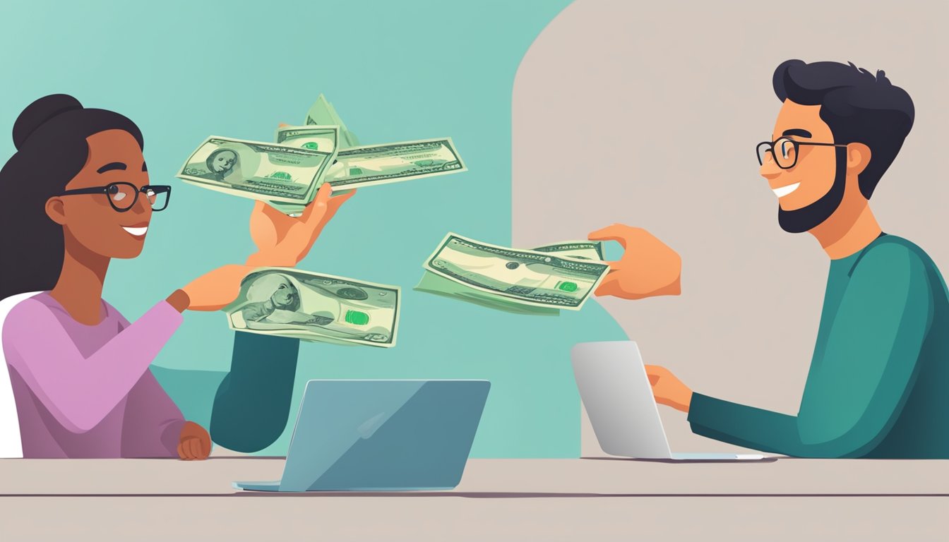A person receiving cash from a lender for a cash loan, while another person receives a larger sum for a personal loan. The lender explains the differences between the two types of loans