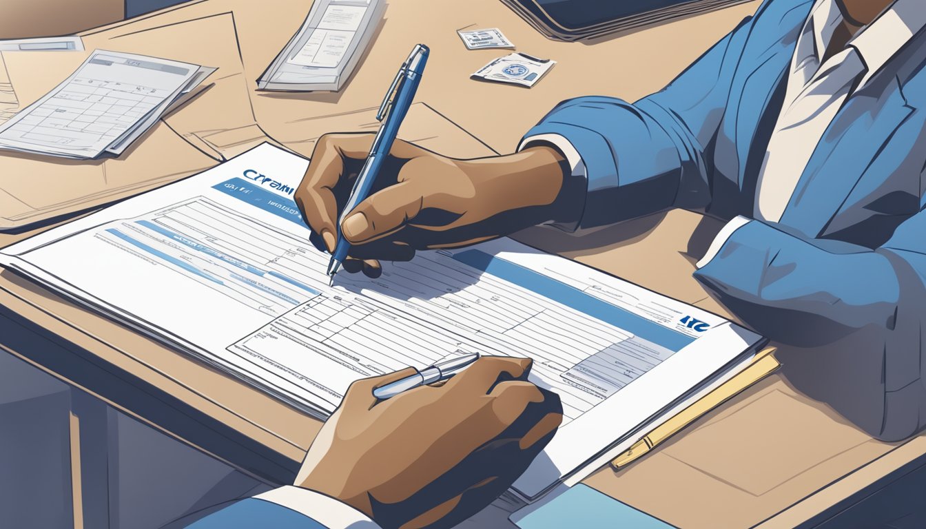 A person sitting at a desk, filling out a Citibank personal loan application form with a pen. The form is neatly laid out with sections for personal information, employment details, and loan amount requested