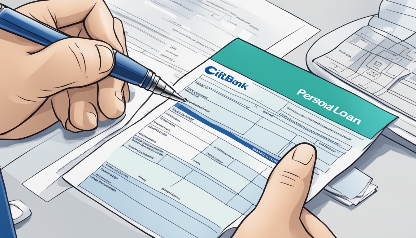 A hand filling out a Citibank personal loan application form