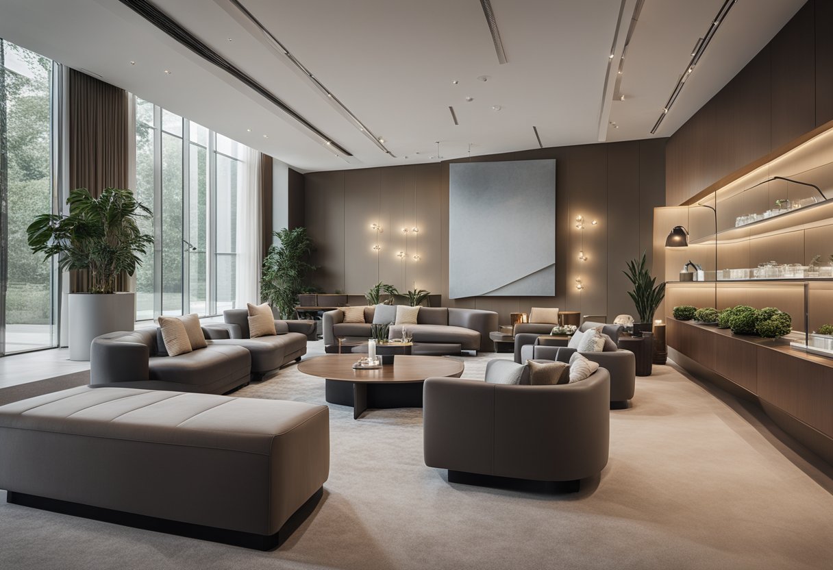 A sleek, modern interior with clean lines, muted colors, and tasteful decor. A large, welcoming reception area with comfortable seating and stylish lighting