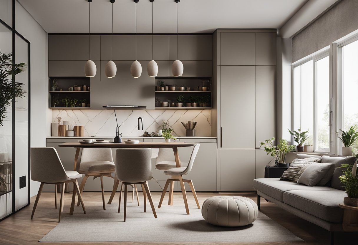 A modern, minimalist flat interior with sleek furniture, neutral color palette, and geometric patterns. A cozy reading nook, a functional workspace, and an open kitchen with a breakfast bar