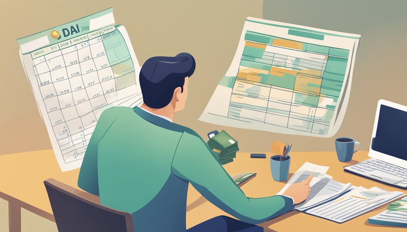 A person receiving a cash loan with a pile of money and a calendar showing repayment dates, while another person receives a personal loan with a financial advisor explaining its impact on their financial health