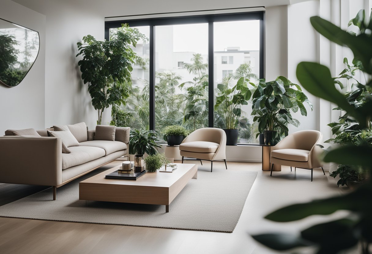 A room with modern furniture, large windows, and plants. Clean lines and neutral colors give a minimalist feel